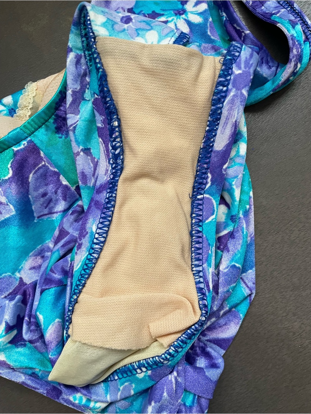 Vintage Le Cove One Piece Swimsuit Size 8 Floral Ruched Purple Teal Blue Retro - Picture 6 of 8